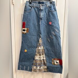 Patchwork Denim Maxi Skirt with Embroidery